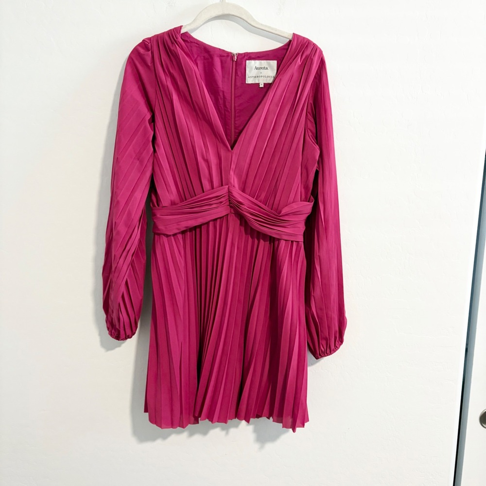 Aureta x Anthropologie Magenta Pleated V-Neck Bishop Sleeve Mini Dress‎ Medium - Picture 2 of 7